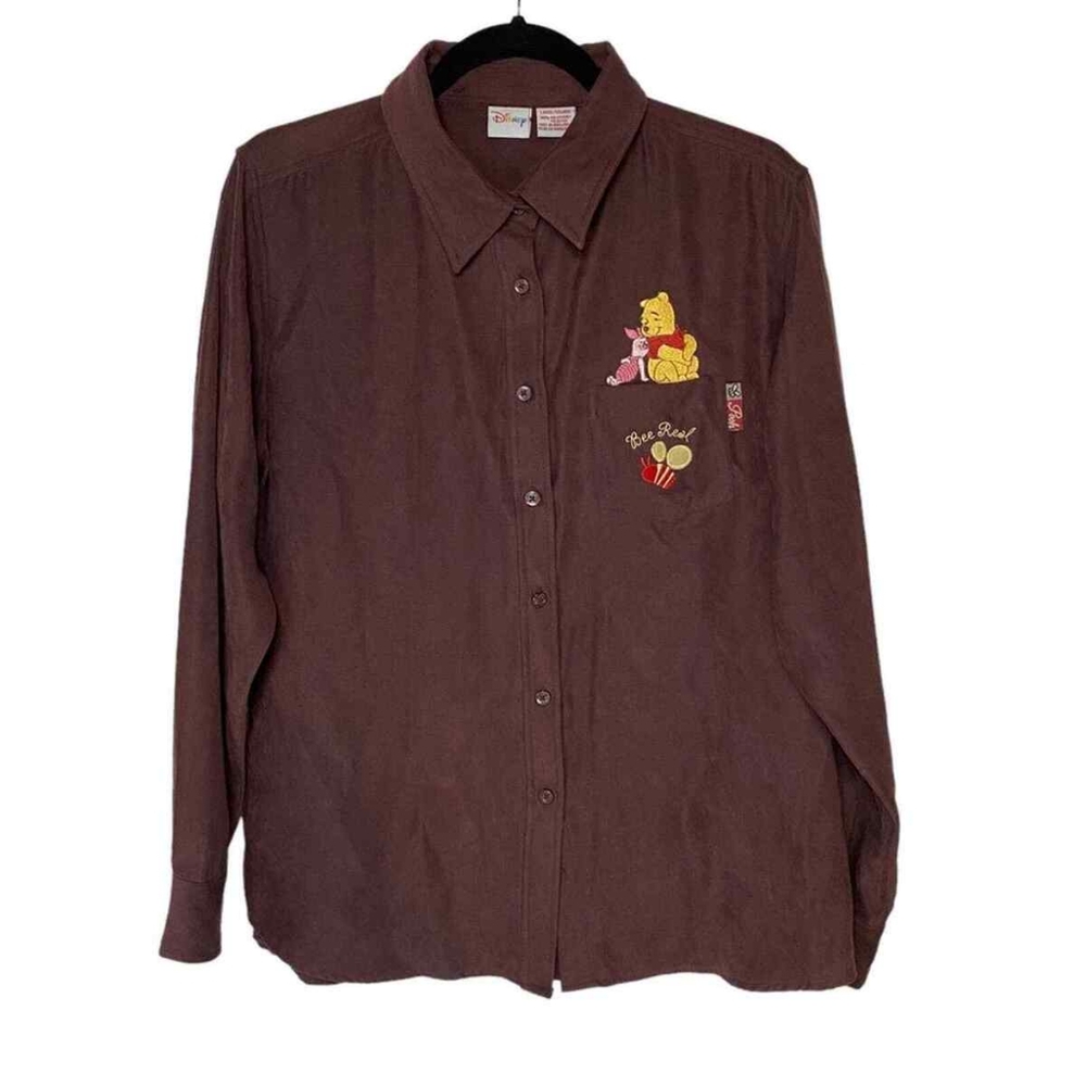 Disney Winnie The Pooh Piglet Be Real Brown Button Up Embroidered Shirt M